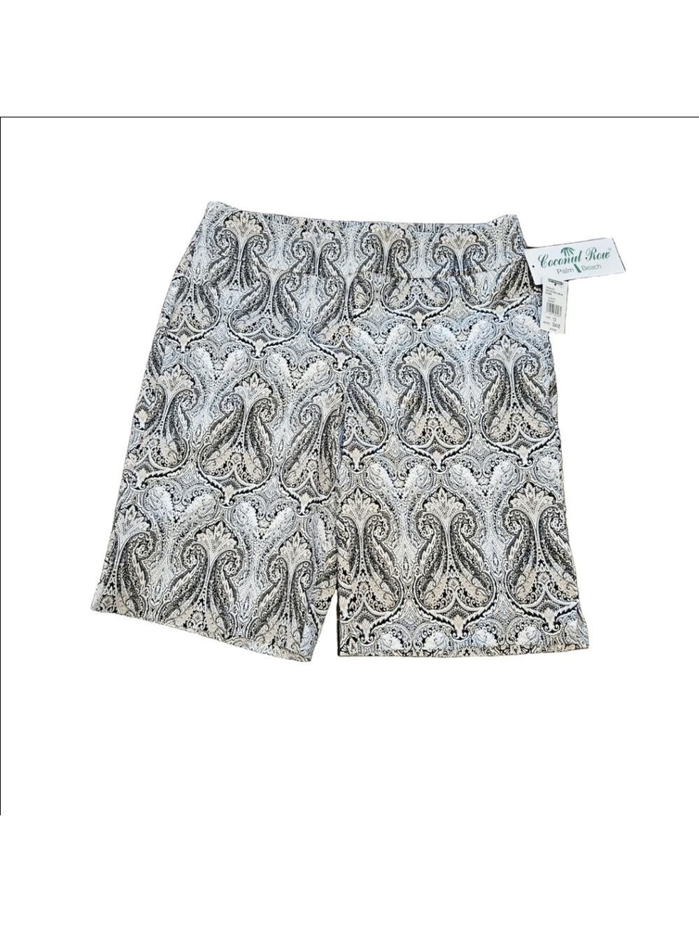 Women's NWT Paisley Stretchy Pull-On Bermuda Shorts, 12, Black, White, Taupe